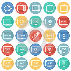 TV icons set on color circles white background for graphic and web design, Modern simple vector sign. Internet concept. Trendy