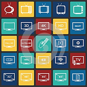 TV icons set on color squares background for graphic and web design, Modern simple vector sign. Internet concept. Trendy symbol