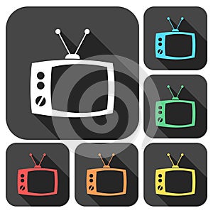 TV icons set with long shadow