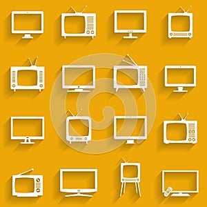 TV icons set. Television set symbols. White flat icons.