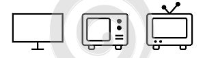 TV icons set. Television symbol in black. TV icon collection. Transparent television screen. Modern and retro style