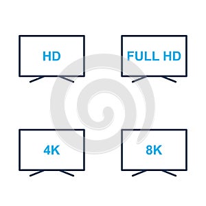 TV icons vector set. HD, Full HD, 4K, 8K Video Resolution Icons. Display screen with different quality. Editable stroke