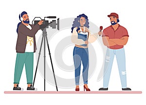 TV journalist or news reporter street interview, flat vector illustration