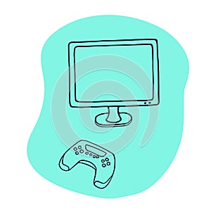 Tv and joystick vector illustration. Hand drawn doodle videogame on tv gamepad. Hobby and leisure time