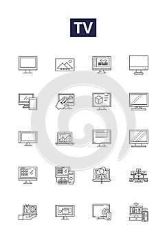 Tv line vector icons and signs. LCD, LED, HD, Plasma, OLED, 4K, Smart, Stream outline vector illustration set