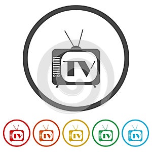 TV logo. Set icons in color circle buttons