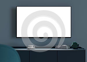 TV mock up. LED TV with blank white screen, hanging on the wall at home. Copy space for advertising, movie, app