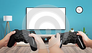 TV mockup for game presentation. Two friends holding gamepads