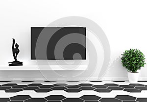 TV in modern empty room -hexagon tile color black and white modern floor - minimal. 3d rendering