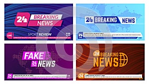 TV news banners. Breaking news banner headline, global news report backdrops. Television news broadcasting banners