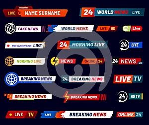 Tv news bar. Television broadcast banner. Vector set