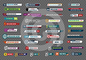 Tv news bar. Television broadcast media title banner, soccer player titles or football sport show interface isolated vector set