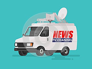 TV News car with equipment on the roof. Van on isolated background. Vector illustration