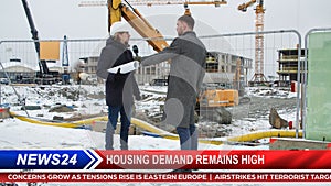 TV News Live Report Interview Edit. Real-Estate Buildings Development Segment: Reporter Talking with