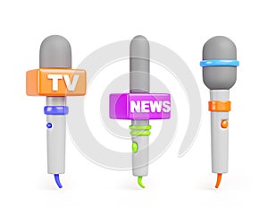 TV news microphone 3d render icon isolated set. Reporter mic with brand logo cube, mike for television and media