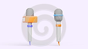 Tv news microphones 3d animation icon set. Cartoon render mics turning around for media, journalist interview, live