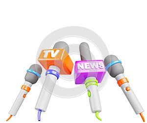 TV news microphones ready for press conference, interview with journalists, communication with media 3d render icon set