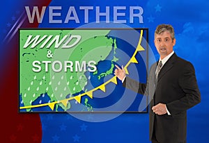 TV news weather man meteorologist anchorman reporter with map of Asia on the screen