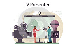 TV presenter concept. Television host in studio. Broadcaster speaking