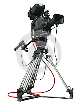 TV Professional studio digital video camera on tripod isolated over white