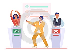 TV quiz show. Host and two participants, happy girl winning competition, flat vector illustration