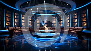 TV quiz show with lighting and audience seating. Generative AI.