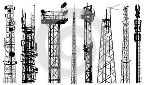 TV radio tower silhouette vector. Radio repeater isolated set on white background