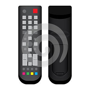 TV Remote Control Black Front and Back View on white background.