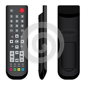 TV Remote Control Black Front, Side and Back View on white background.