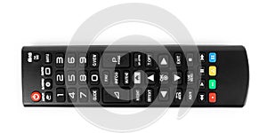 Tv remote control black on white background photo