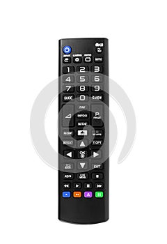 Tv remote control black on white background photo