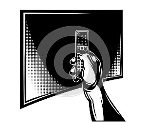 TV and remote control on hand. Monochrome vector illustration