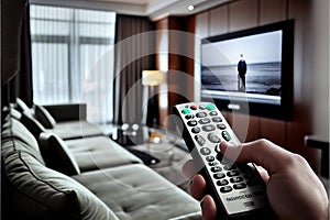 Tv remote controller in hand of customer looking for some content in Smart Tv app for streaming video. Watching