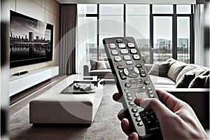Tv remote controller in hand of customer looking for some content in Smart Tv app for streaming video. Watching