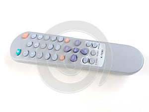 the tv remote is gray with a few hint buttons and numbers and some are purple and orange with a white background
