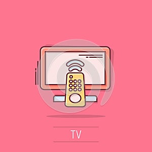 Tv remote icon in comic style. Television cartoon sign vector illustration on white isolated background. Broadcast splash effect