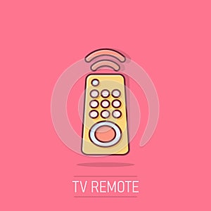 Tv remote icon in comic style. Television cartoon sign vector illustration on white isolated background. Broadcast splash effect