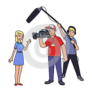 TV report, shooting news . A female reporter, cameraman and sound engineer. Cartoon vector illustration isolated on