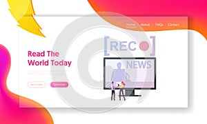 Tv Reportage Landing Page Template. Reporter Character Interviewing Woman front of Huge Television Broadcasting News