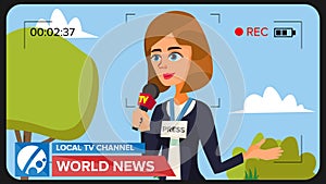 TV Reporter Presenting News. Vector Concept. Video Camera Viewfinder. Female Recording TV News. Production Video