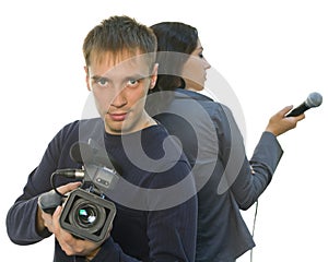 TV reporter and teleoperator (focus on face)