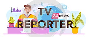 TV reporter typographic header. Television host in a studio