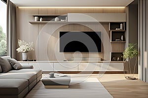 TV room decor with a minimalist style, compose a photograph that skillfully utilizes color, light, and shadows. AI Generated