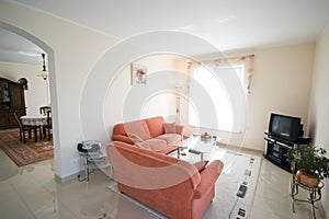 TV room with orange sofas