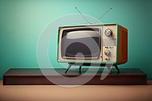 TV room. Vintage television on a painted wall background