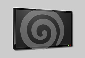 Tv screen angle view. Realistic lcd television black monitor, close up hanging horizontal on wall full hd monitor