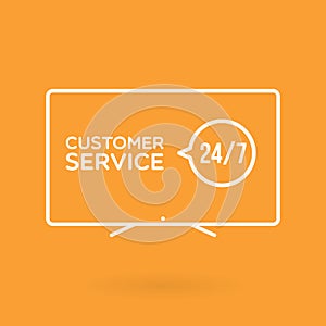TV screen customer service 24/7 illustration. Concept of 24/7, open 24 hours, support, assistance, contact, customer service.