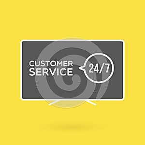 TV screen customer service 24/7 illustration. Concept of 24/7, open 24 hours, support, assistance, contact, customer service.