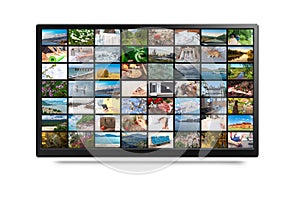 TV screen with lot of pictures isolated on white. Online Tv, VOD service, streaming video. online Television streaming video.