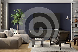 TV screen mock up on the blue wall in modern living room